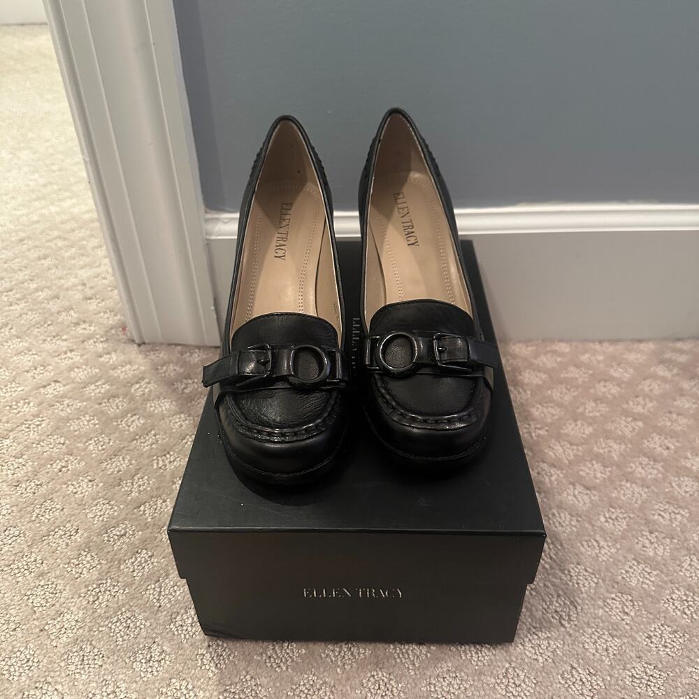 Ellen Tracy Womens Dalton Heels Black Leather Size 6 Block Heel Career Business